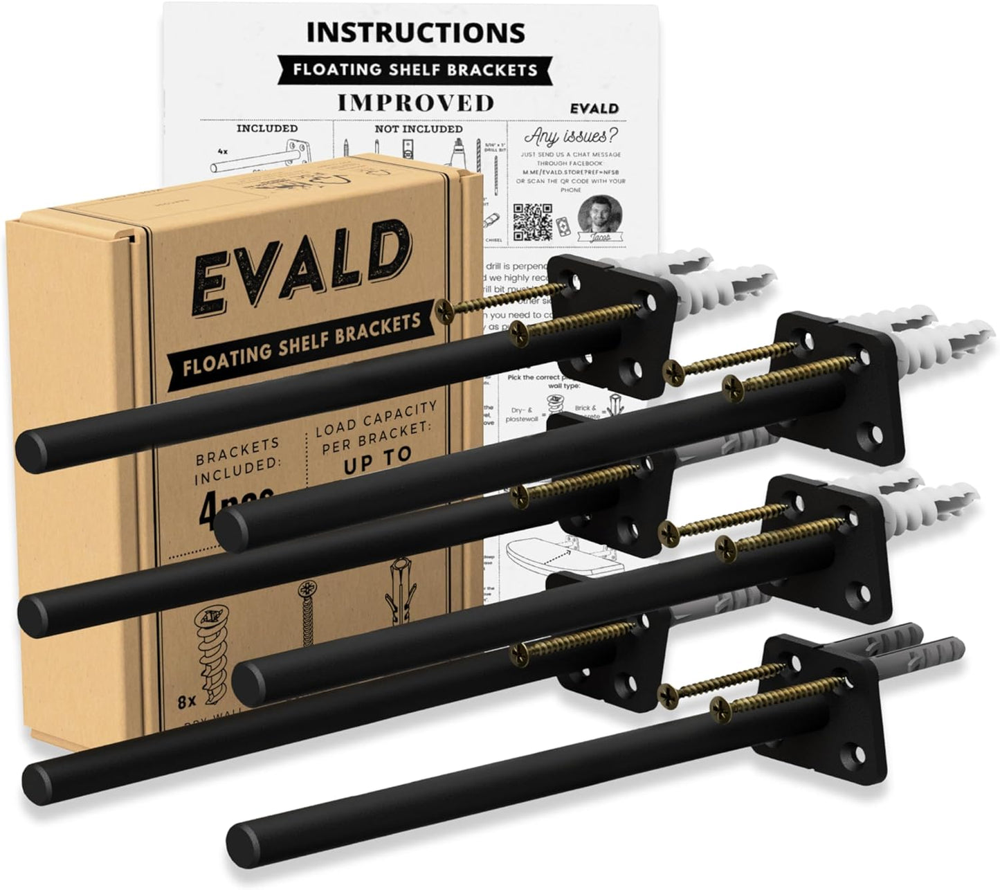 EVALD Heavy Duty Floating Shelf Bracket | 8-Inch Floating Mantel Mount, Blind Shelf Supports, and Anchors | Floating Shelf Hardware for Home and Office Decor | Fireplace Mantel Brackets (4 Pack)
