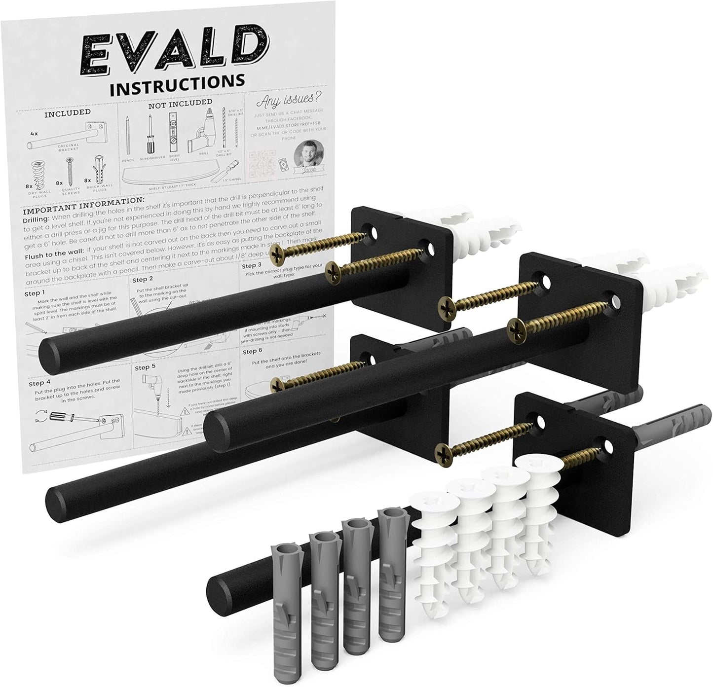 EVALD Heavy Duty Floating Shelf Bracket | 8-Inch Floating Mantel Mount, Blind Shelf Supports, and Anchors | Floating Shelf Hardware for Home and Office Decor | Fireplace Mantel Brackets (4 Pack)