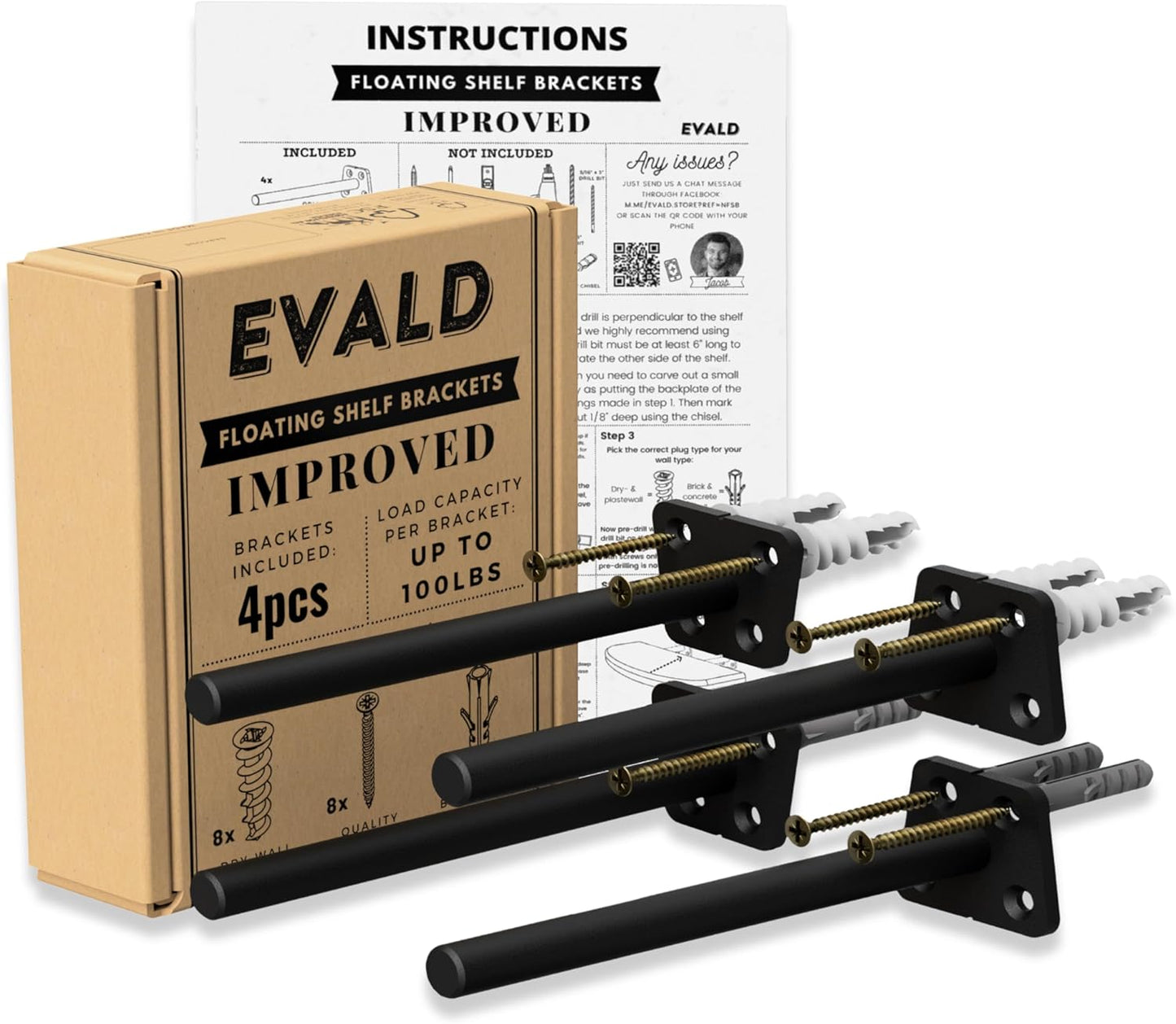 EVALD Heavy Duty Floating Shelf Bracket | 8-Inch Floating Mantel Mount, Blind Shelf Supports, and Anchors | Floating Shelf Hardware for Home and Office Decor | Fireplace Mantel Brackets (4 Pack)