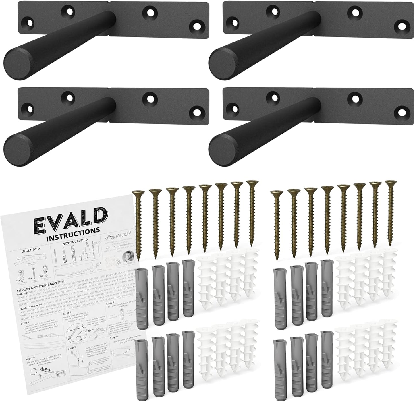 EVALD Heavy Duty Floating Shelf Bracket | 8-Inch Floating Mantel Mount, Blind Shelf Supports, and Anchors | Floating Shelf Hardware for Home and Office Decor | Fireplace Mantel Brackets (4 Pack)