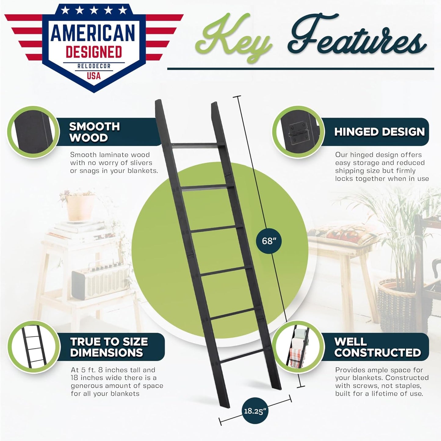 Blanket Ladder for The Living Room and Bedroom, 5ft 8 inch, 6-Tier Wall Leaning Laminate Snag Free Material (Black) Rustic Decorative Farmhouse Blanket Rack, Quilt Rack, Ladder Shelf, Easy Assembly