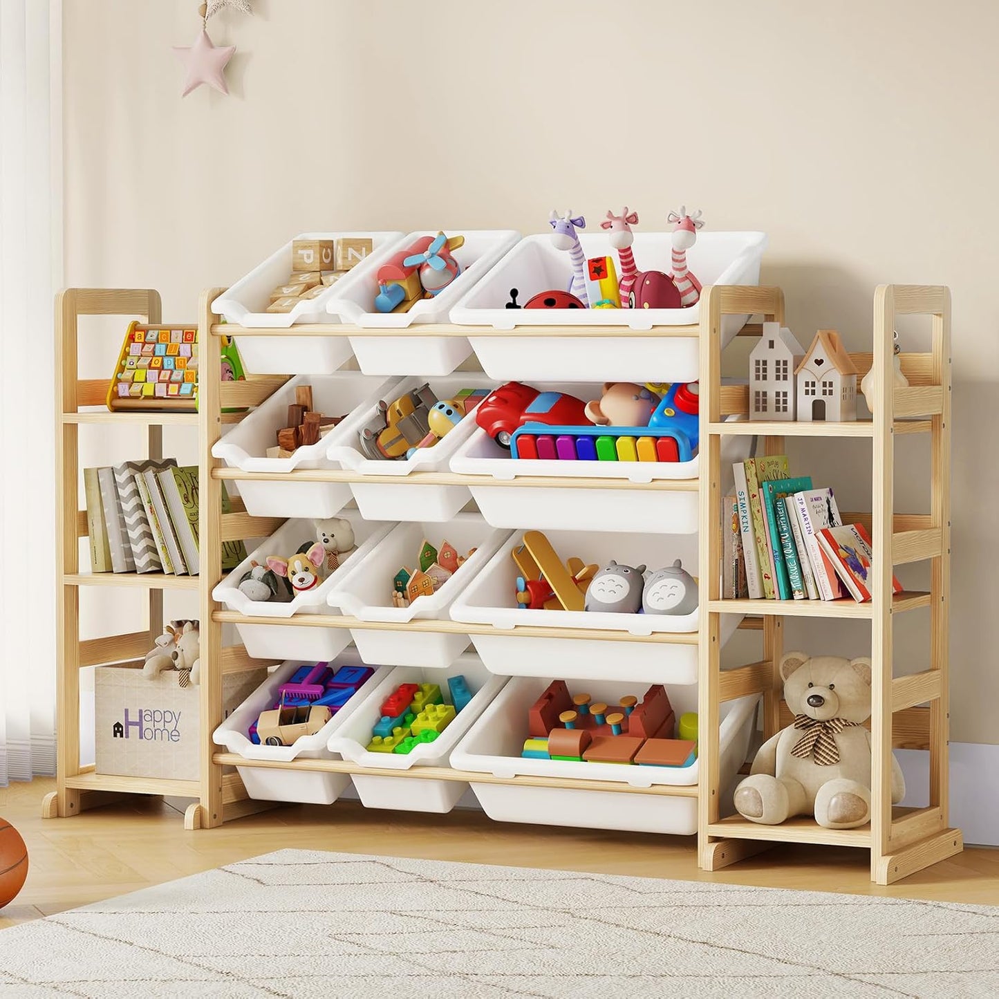 Extra Large Toy Storage - Toy Storage Organizer, Wooden Toy Organizer with 6 Side Shelves and 12 Bins, 3-in-1 Bookshelf for Kids Rooms, Playroom, Nursery, White