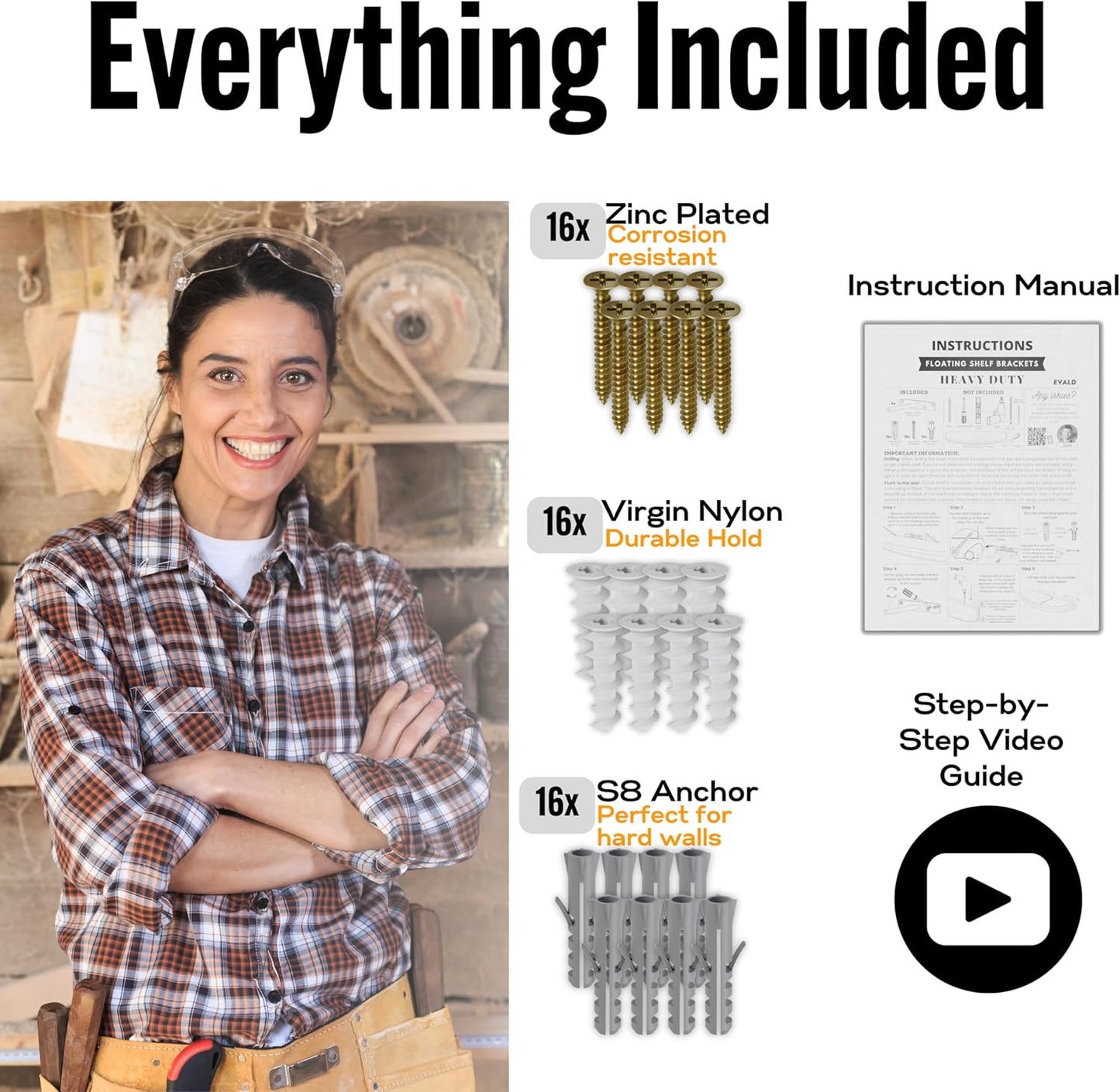 EVALD Heavy Duty Floating Shelf Bracket | 8-Inch Floating Mantel Mount, Blind Shelf Supports, and Anchors | Floating Shelf Hardware for Home and Office Decor | Fireplace Mantel Brackets (4 Pack)